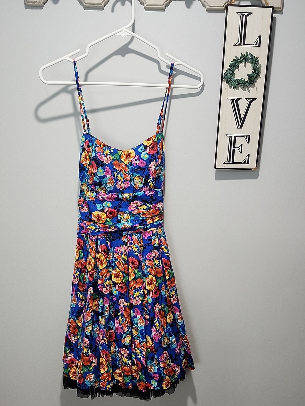 Blue Floral Spaghetti Strap Summer Short Dress